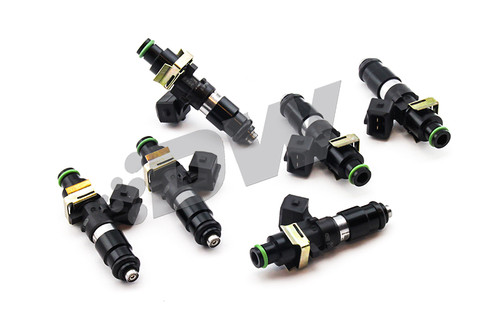 DeatschWerks 1200cc EV14 fuel injectors, set of 6, top view showing green O-rings and mounting clips