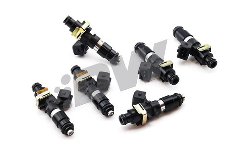 DeatschWerks EV14 1200cc fuel injectors, set of six, angled view showing black bodies, top connectors and mounting clips.