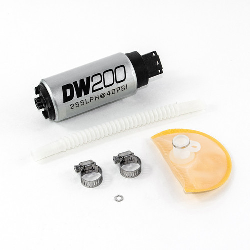 DeatschWerks DW200 255 LPH fuel pump kit with hose, hose clamps, gasket, install hardware.