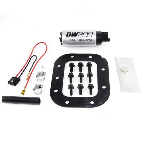 DeatschWerks DW200 255 LPH fuel pump kit with wiring harness, gasket, bolts, and clamps laid out flat
