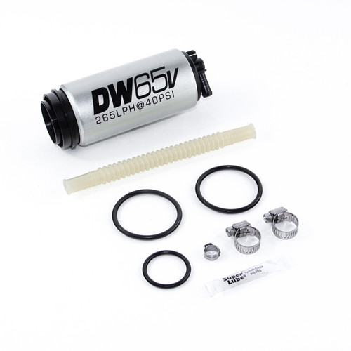 DeatschWerks DW65v 265 LPH fuel pump with corrugated hose, O-rings, hose clamps, and lube packet