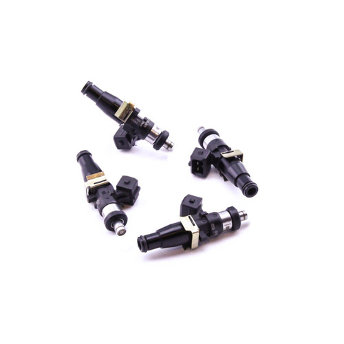 Set of four DeatschWerks EV14 1500cc fuel injectors, black bodies, side view showing electrical connectors and nozzle tips