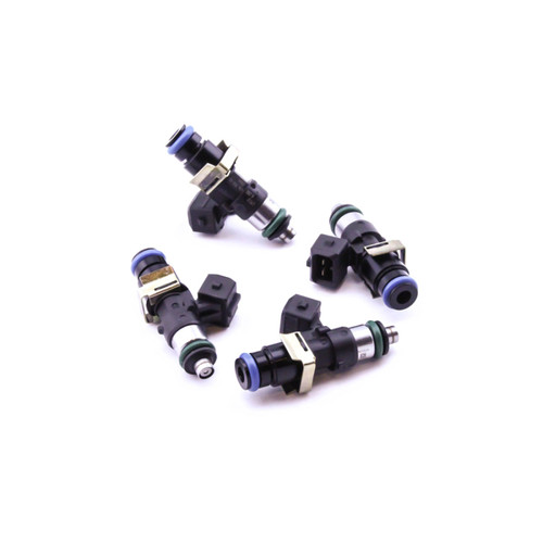 Set of four DeatschWerks EV14 1500cc fuel injectors, black bodies with blue clip tops and green O-rings.