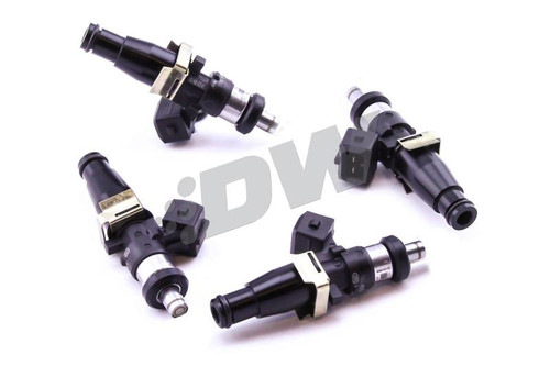Set of four DeatschWerks EV14 1500cc fuel injectors for Lotus Elise/Exige, showing top clips and lower nozzle tips.
