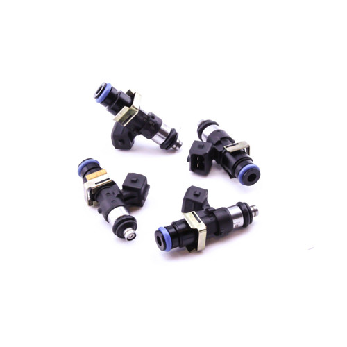 DeatschWerks EV14 1500cc fuel injectors, set of four, angled view showing blue clip tops and electrical connectors