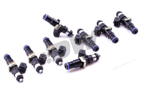 DeatschWerks EV14 1500cc fuel injectors, set of 8, angled view showing top connectors and fuel rail o-rings
