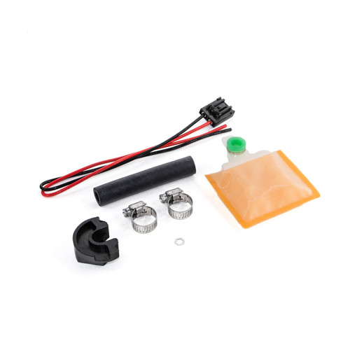 DeatschWerks DW200/DW300 fuel pump install kit, wiring connector, hose, clamps, grommet, orange fuel bag