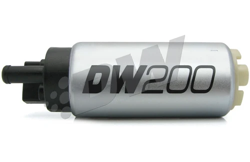 DeatschWerks DW200 255 LPH in-tank fuel pump, side view showing black connector and inlet strainer end