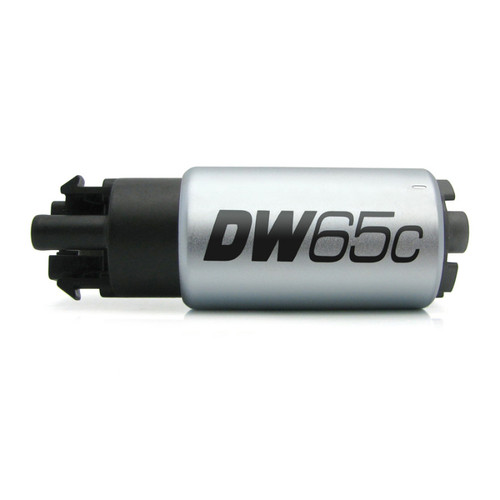 DeatschWerks DW65C 265 LPH compact fuel pump, side view showing black inlet housing and silver body
