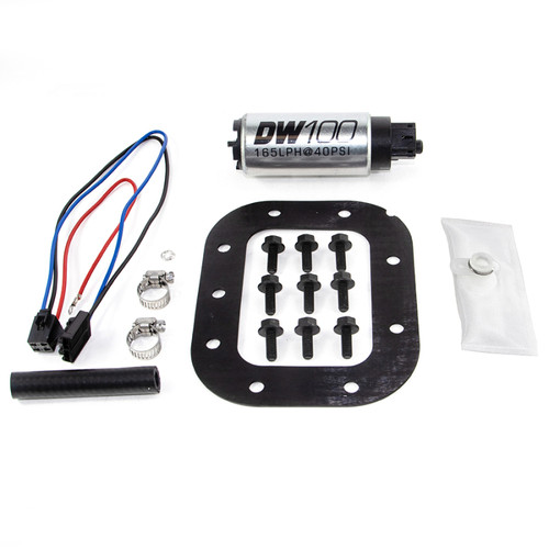 DeatschWerks DW100 165 LPH fuel pump with wiring, hose clamps, gasket, bolts and strainer sock for 86 to 89 Corvette