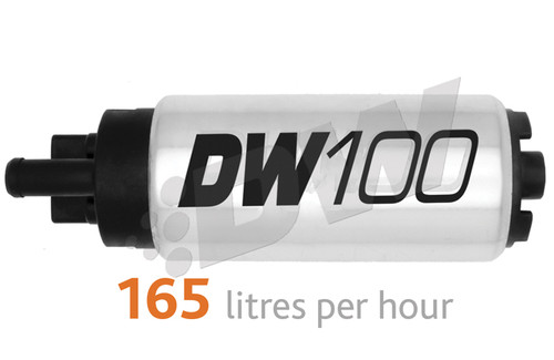 DeatschWerks DW100 165 LPH fuel pump, cylindrical body with black electrical connector and outlet fitting