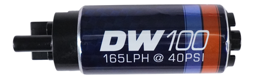 DeatschWerks DW100 165 LPH in-tank fuel pump, angled view showing electrical connector and inlet fitting
