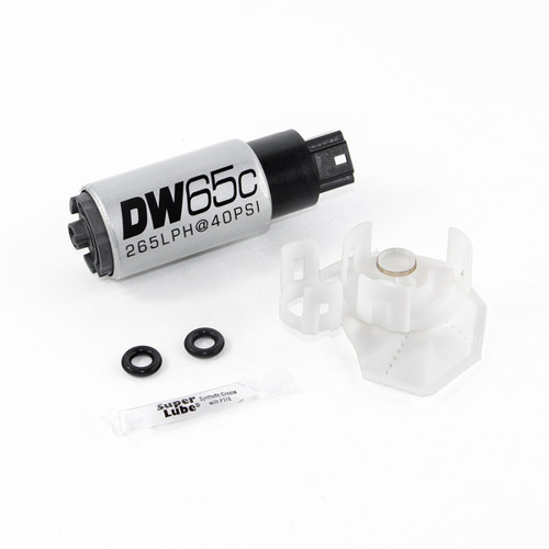 DeatschWerks DW65C 265 LPH fuel pump with mounting bracket, O-rings, and lubricant packet, top view