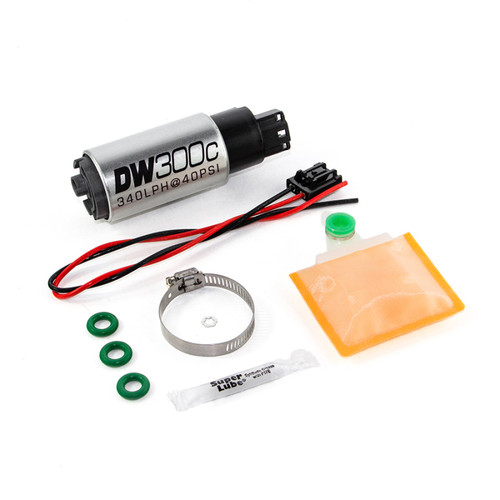 DeatschWerks DW300C 340lph fuel pump kit with wiring, hose clamp, filter sock, O-rings and lube packet