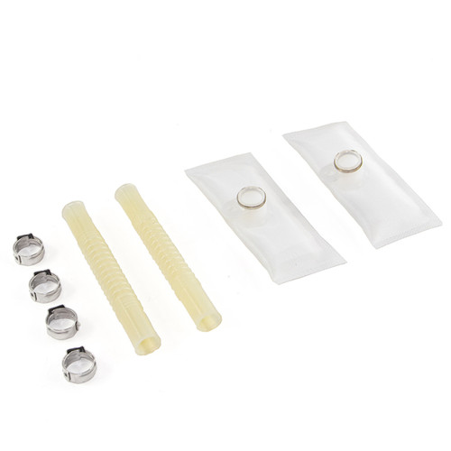 DeatschWerks DW300M fuel pump install kit with hose clamps, rubber tubing, and heat shrink wire connectors