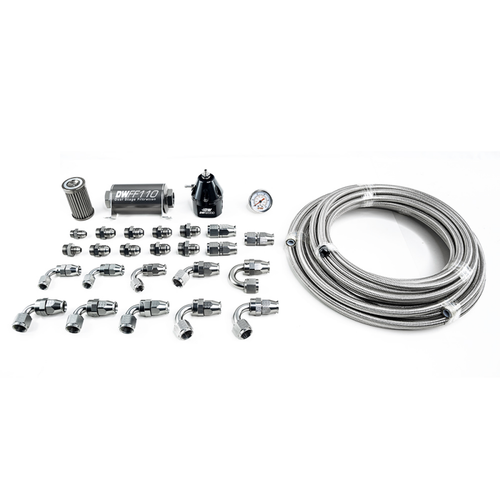 DeatschWerks X2 Series -6AN CPE plumbing kit with fuel filter, regulator, gauge, braided hose, and AN fittings
