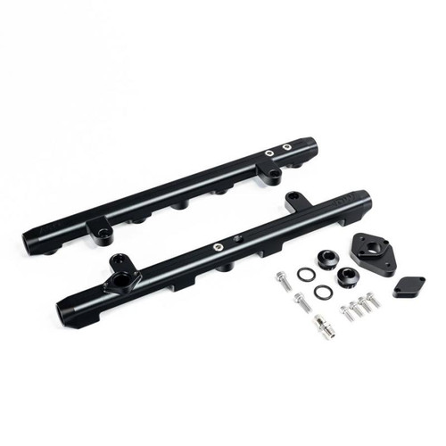 DeatschWerks Ford 4.6 3-Valve fuel rails, top angle view, black billet rails with mounting hardware, fittings and adapters