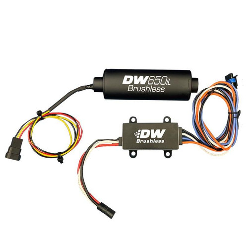 DeatschWerks DW650iL brushless in-line fuel pump with dual-speed controller and wiring harnesses shown side by side