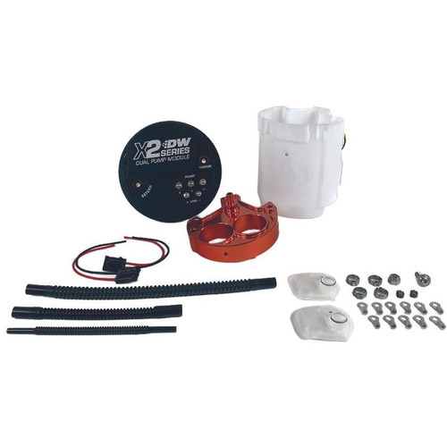 DeatschWerks X2 Series Fuel Pump Module for 08-21 Subaru WRX/STI, showing controller, housing, mounting hardware and wiring