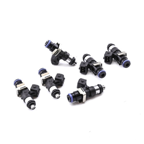 DeatschWerks 1500cc EV14 fuel injectors, set of six, black bodies with blue O-rings, angled view