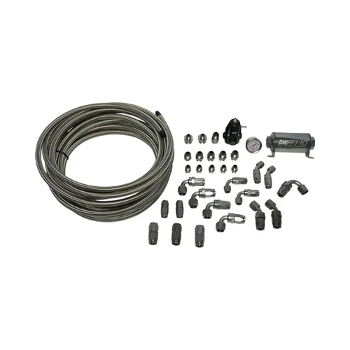 Deatschwerks X2 Series pump module plumbing kit with braided hose, fittings, filter and gauge laid out on white background