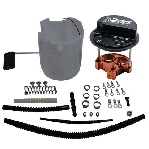Deatschwerks X2 DW Series dual pump module kit with fuel basket, hoses, clamps and fittings laid out