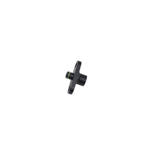 DeatschWerks fuel pressure regulator adapter, black anodized body with 6AN ORB female fitting, angled view