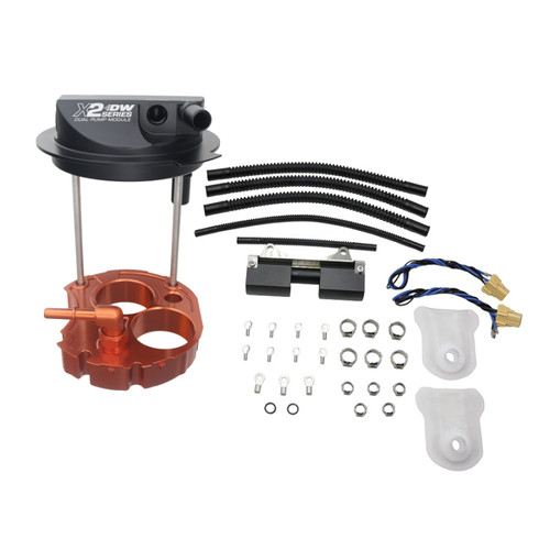 DeatschWerks X2 Series dual pump module kit with orange base, hoses, wiring, and mounting hardware laid out