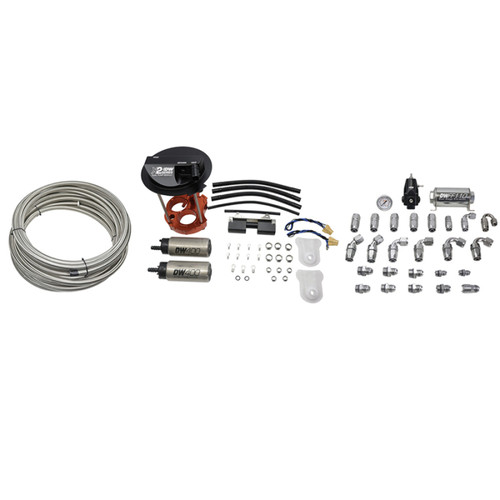 DeatschWerks X2 Series fuel pump module kit, dual DW400 pumps, braided line, fittings and gauge laid out flat
