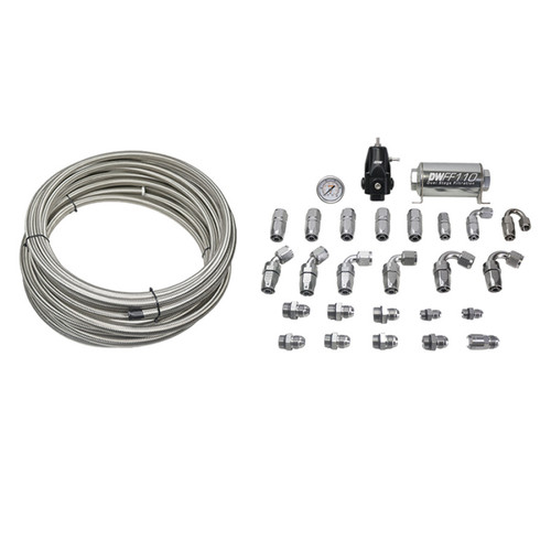 DeatschWerks CTS V/Camaro SS/ZL1 plumbing kit, coiled steel hose, fittings, gauge, and DWF110 regulator