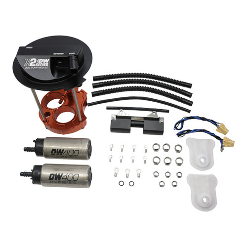 DeatschWerks X2 Series fuel pump module with dual DW400 pumps, top view showing housing, hardware and wiring kit