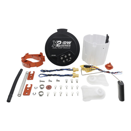 DeatschWerks X2 Series fuel pump module kit, top down view showing lid, clamp, wiring, and float components