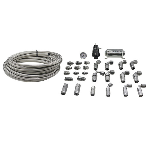DeatschWerks Hemi X2 pump module PTFE plumbing kit, coiled braided hose, fittings, gauge, and filter laid out.