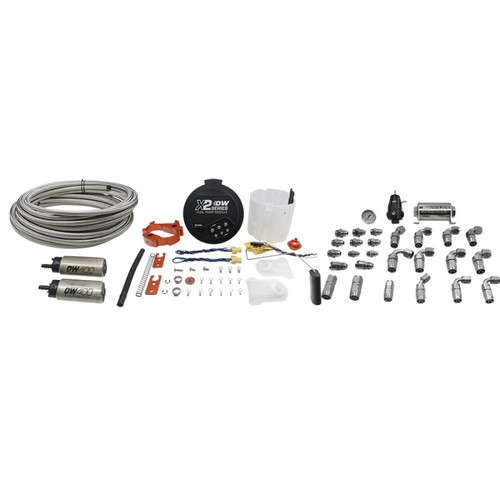 DeatschWerks X2 Series dual DW400 fuel pump module kit with braided lines, fittings, and reservoir cap laid out flat