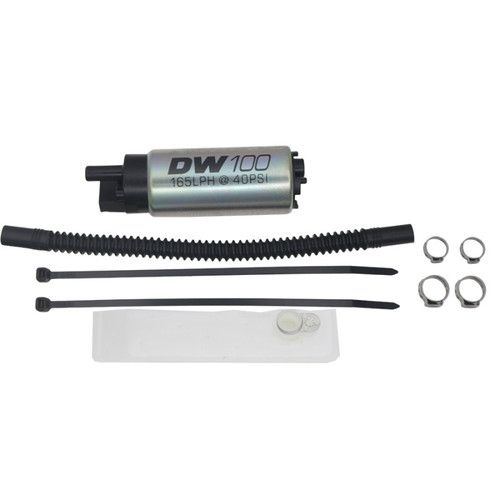 DeatschWerks DW100 165lph fuel pump with rubber sleeve, hose clamps, zip ties, and gasket kit