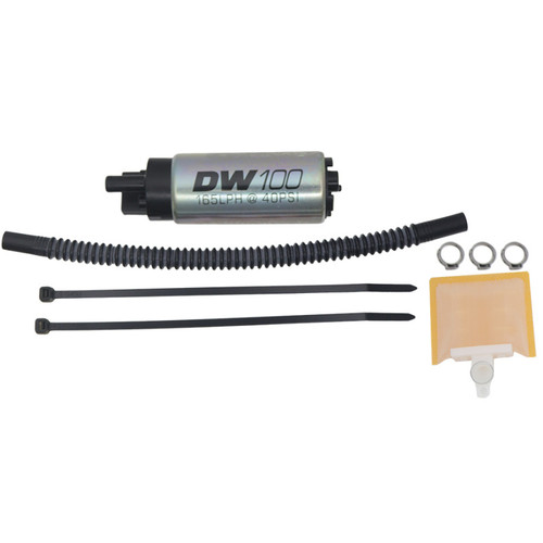 DeatschWerks DW100 165 LPH in-tank fuel pump kit with hose, clamps, filter, wire clips, zip ties