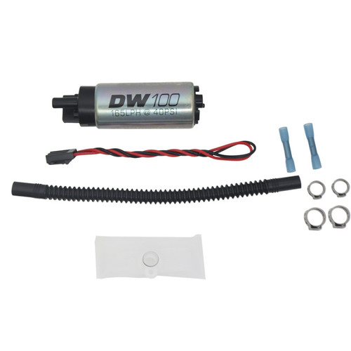 DeatschWerks DW100 165 LPH fuel pump with wiring, hose, clamps, and connectors for Harley Dyna/Softail install kit
