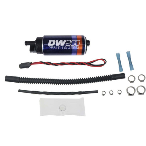 DeatschWerks in-tank fuel pump with install kit, wiring, hose clamps and rubber tubing shown flat on white background