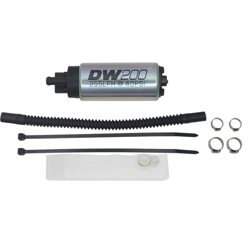 DeatschWerks DW200 255 LPH fuel pump kit with hose, hose clamps, zip ties, and connector for Harley Sportster