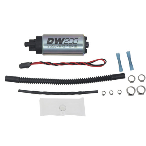 DeatschWerks DW200 255 LPH fuel pump with wiring connector, hoses, clamps and install kit laid out
