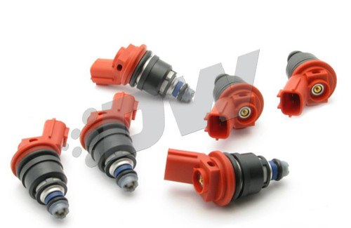 Set of six DeatschWerks 270cc side feed fuel injectors with red connectors, black bodies, blue O-rings, angled view