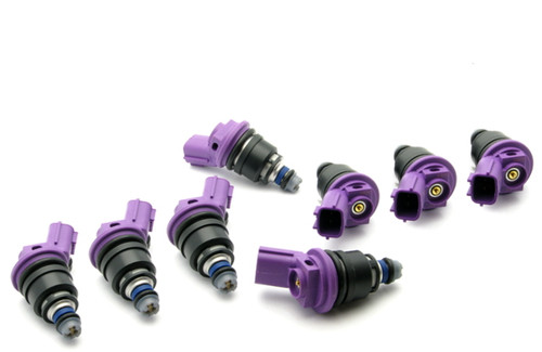 Set of eight DeatschWerks 370cc side feed fuel injectors for Nissan Q45, purple bodies, connectors and o-rings visible.