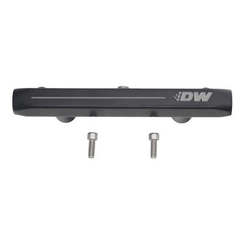 DeatschWerks fuel rail for Polaris RZR XP Turbo, black billet body with DW logo, two mounting bolts shown below
