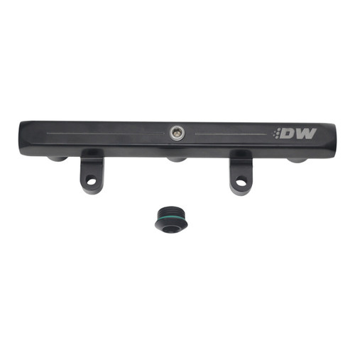 DeatschWerks fuel rail for 17-23 Can-Am Maverick X3, black anodized with DW logo, mounting tabs, and fitting plug shown below.