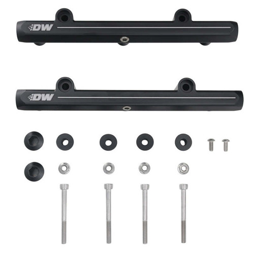 Deatschwerks NSX fuel rail pair, black anodized, top down view with mounting bolts, spacers and hardware laid out below