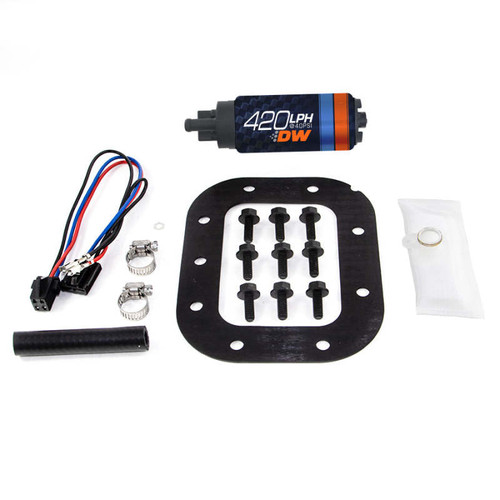 Deatschwerks DW420 in-tank fuel pump kit with wiring harness, mounting gasket, bolts, clamps and hose