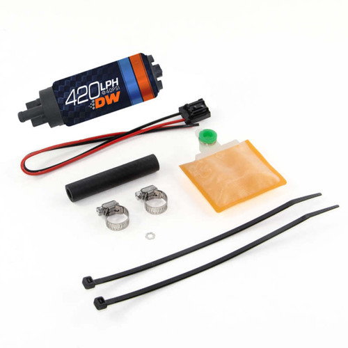 Deatschwerks DW420 fuel pump with wiring connector, filter sock, hose clamps, rubber sleeve, and zip ties laid out