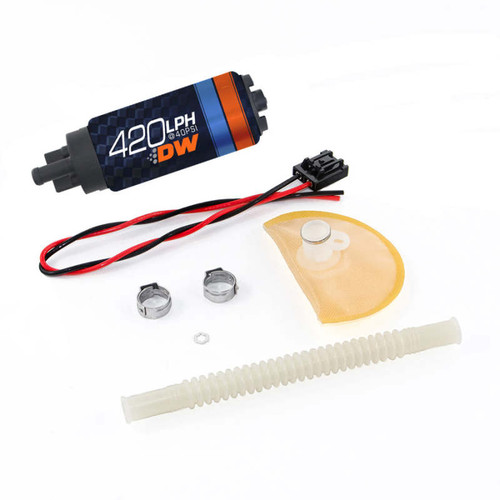 Deatschwerks DW420 fuel pump kit for 370Z, includes wiring, clamps, strainer sock and hose