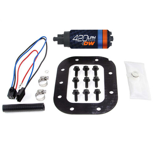 Deatschwerks DW420 fuel pump install kit with wiring harness, gasket, mounting bolts, filter sock, hose