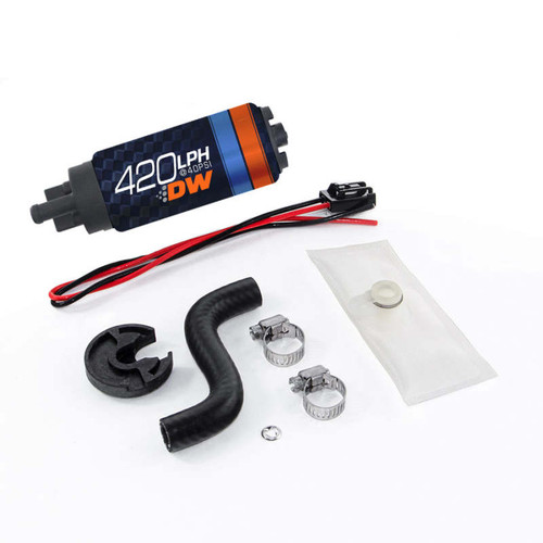 Deatschwerks DW420 fuel pump with install kit, hose, clamps, filter sock and mounting clip, 85-97 Mustang